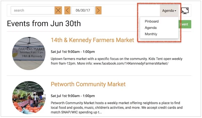 Use the dropdown to switch views from Pinboard, Agenda or Monthly.