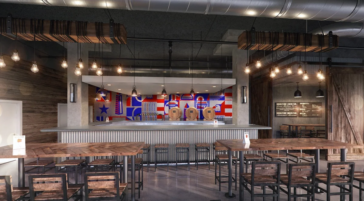 A rendering of the bar and interior of the Capitol Cider House with the large custom mural behind the bar.