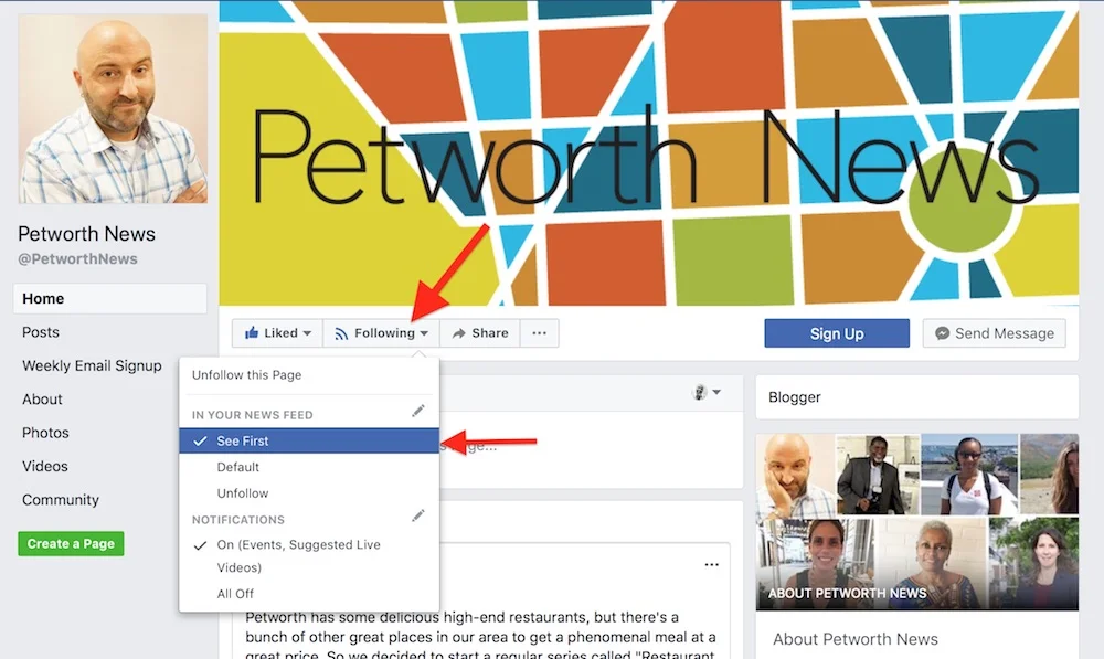 Click the arrow next to the "Follow" button, then choose "See First" or "Default" 
