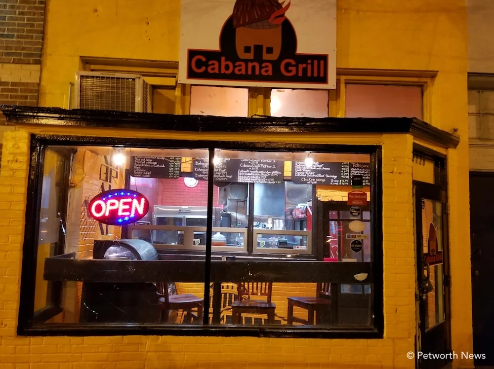 Cabana Grill's bright exterior and small seating area. There's room for about 4 people to sit at the counter, so most orders are takeout.