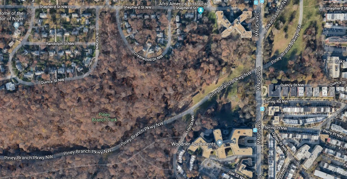 Satellite image of Piney Branch Parkway... you can't see the terror that is the roadway surface. (Google maps)