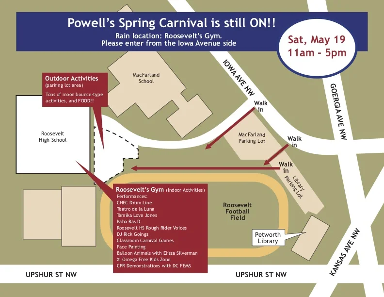 The fun will be INSIDE the Roosevelt gym and out on the parking lot off of Iowa Avenue. You can not access the gym from the football field.
