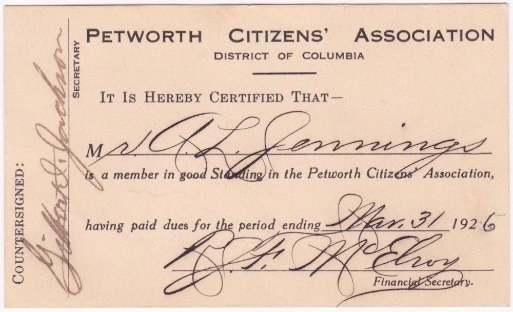 A Petworth Citizens' Association membership card from 1925. (photo: eBay )