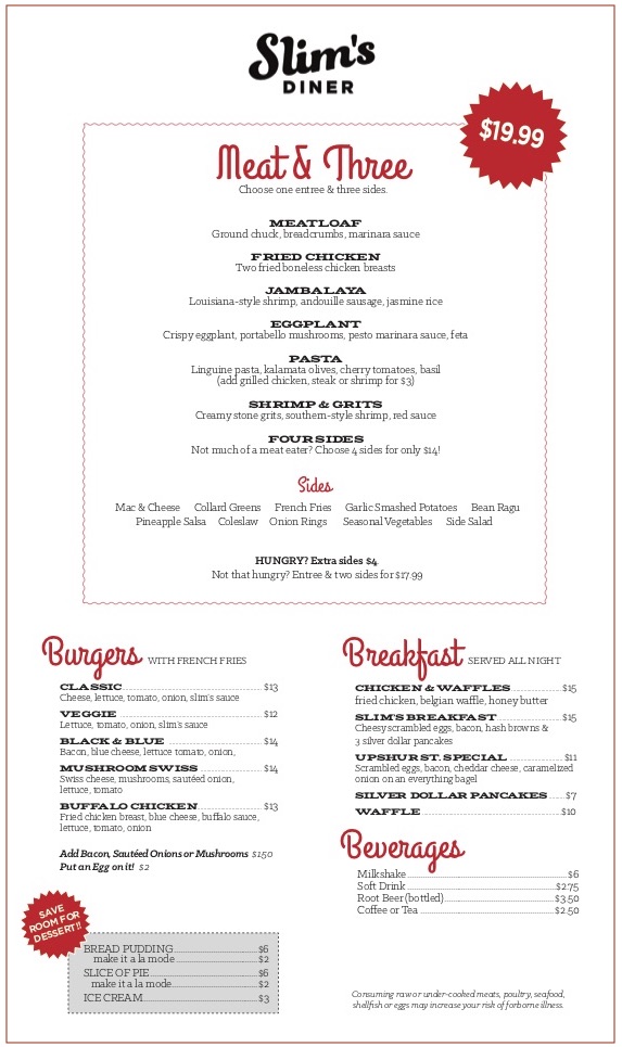 Slim’s Diner new dinner menu.