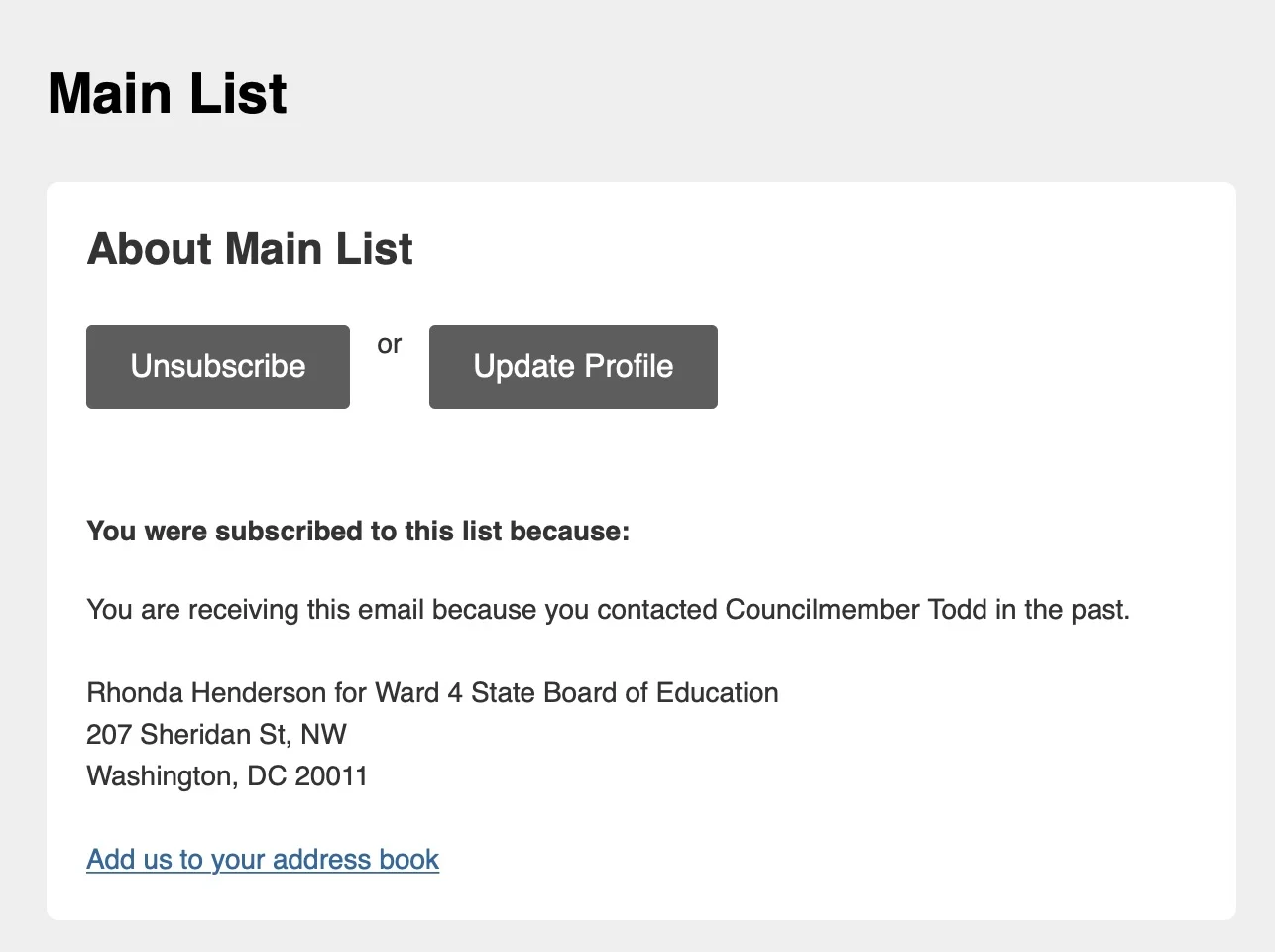 Screenshot of MailChimp page when recipient clicks the “why did I get this?” link.