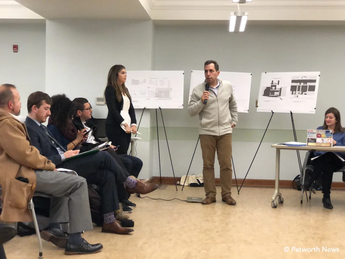 Architect and lawyer for the developer discussing the redevelopment of 4521 Iowa Avenue NW.