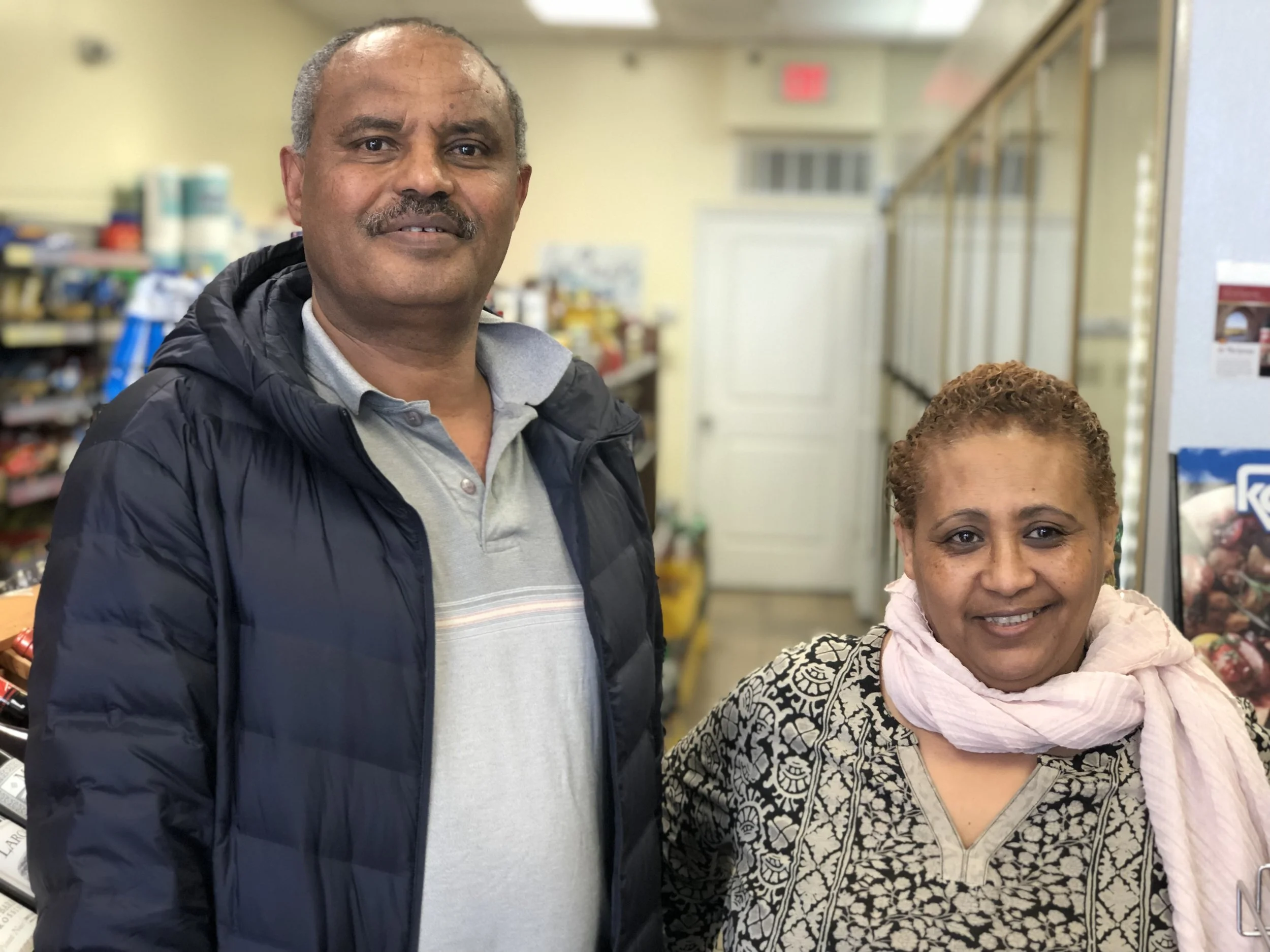 Teshome Checkole and his wife Meaza at the store.