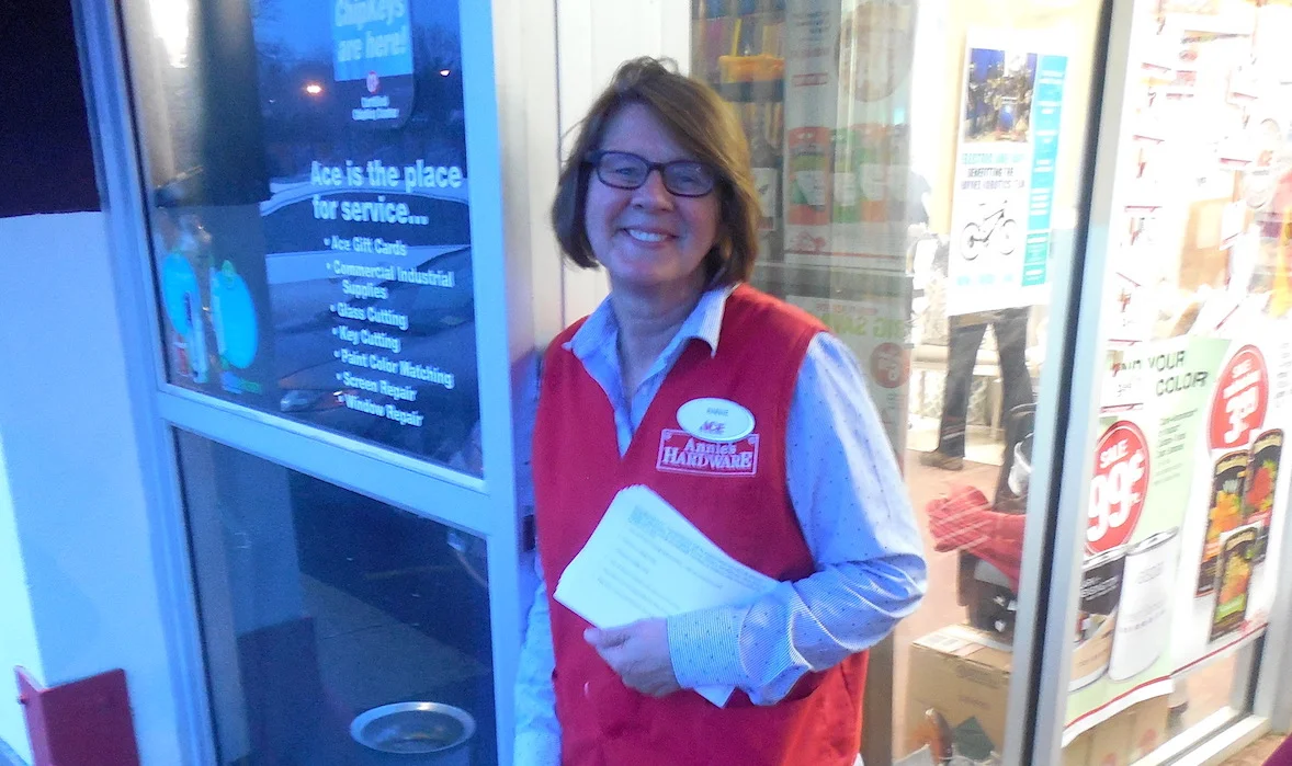 Anne Stom out front of Annie’s Ace Hardware