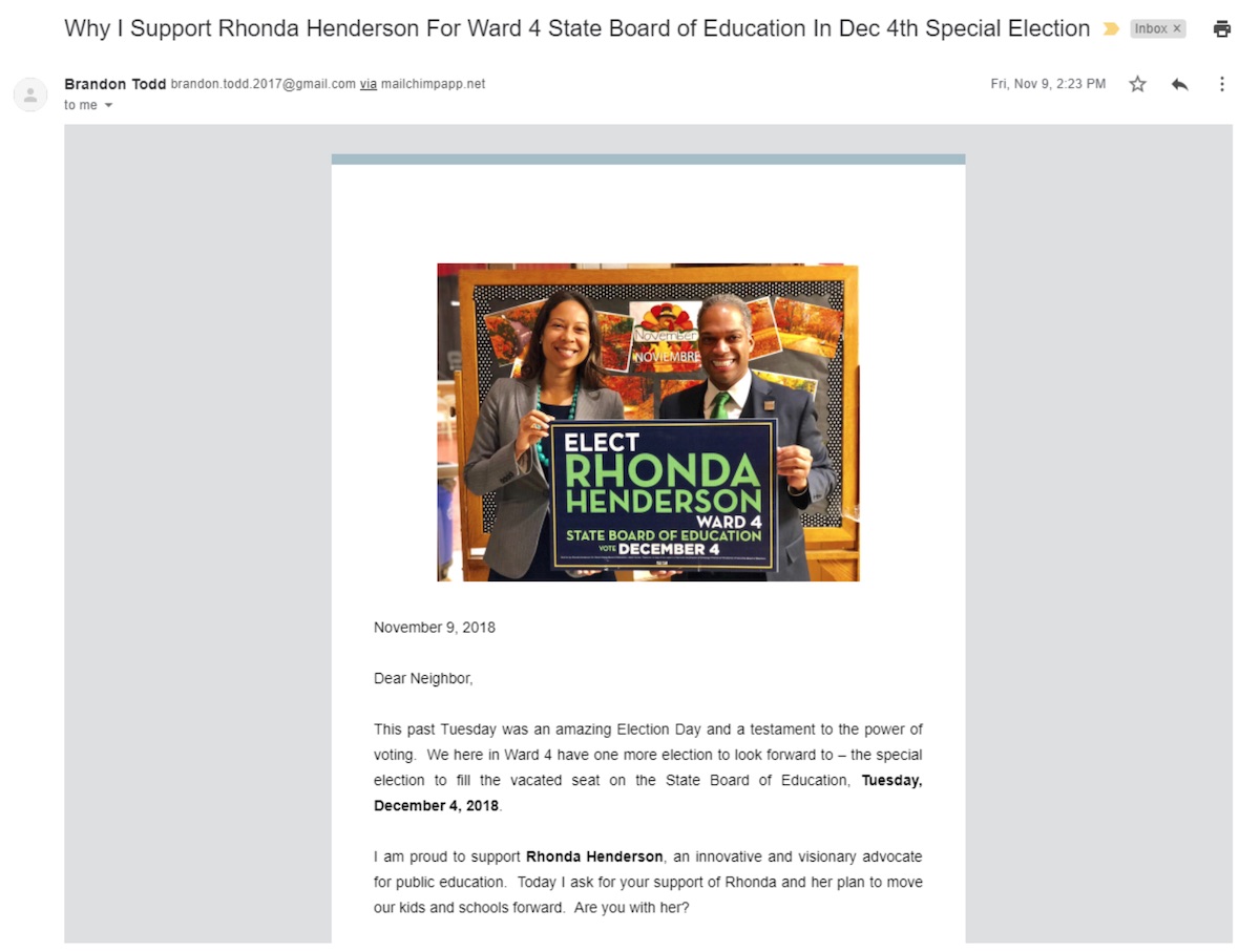One of the emails residents received during the 2018 SBOE campaign.