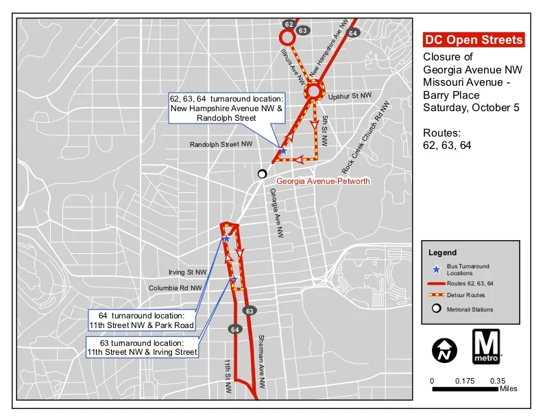 A map of the 62, 63 and 64 bus routes for October 5th during the Open Streets event. (Courtesy DDOT)
