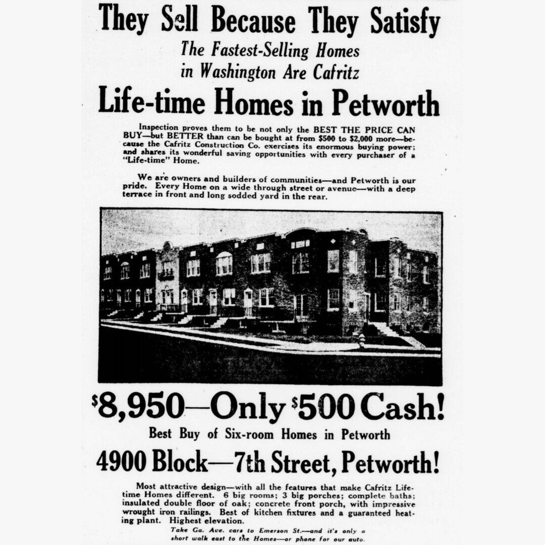 Great old real estate ad from Petworth in 1926 from @ghostsofdc. You could buy a house for 1% of today's cost for a renovated house on 7th Street!
