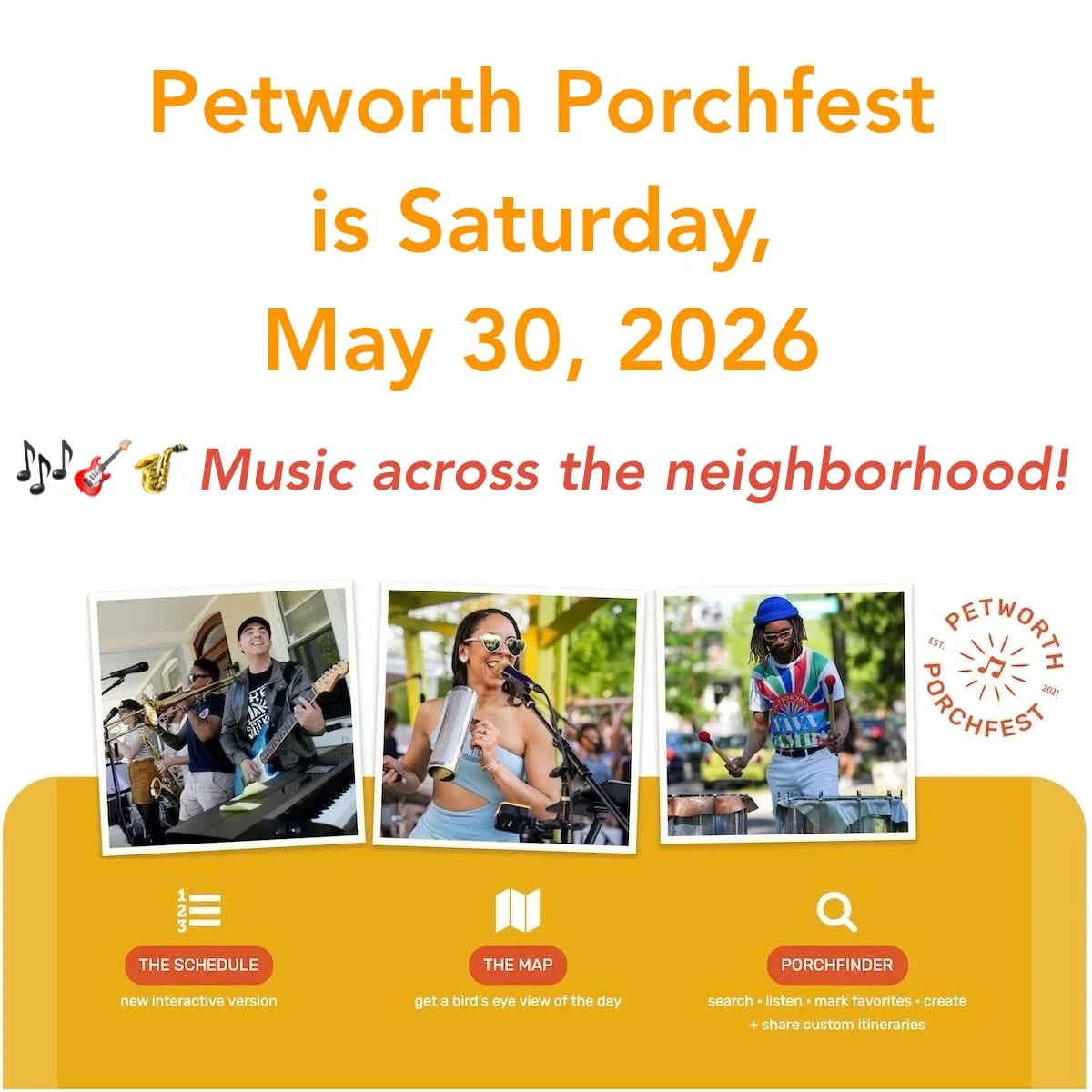 @petworthporchfest kicks off at 2pm on Saturday, May 30th with 430 bands from 31 different musical genres playing on 164 porches across greater Petworth neighborhoods! So much free music and great vibes. Remember to stay out of the streets, pick up y