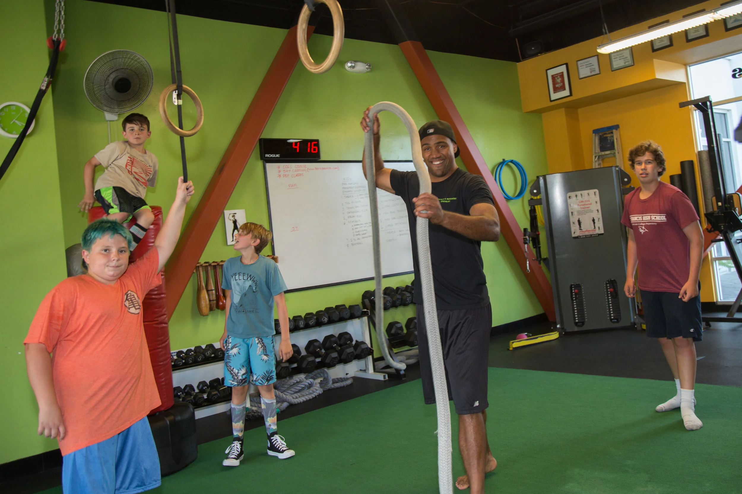 Quinn makes fitness seem like all fun and games in his class for youth at Rocky's Fitness Center in Capitola.