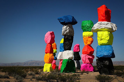 Ugo Rondinone, Seven Magic Mountains
Las Vegas, Nevada

Seven thirty to thirty-five-foot high dayglow totems comprised of painted, locally-sourced boulders.

Visible across the desert landscape along Interstate 15, Seven Magic Mountains offers a crea
