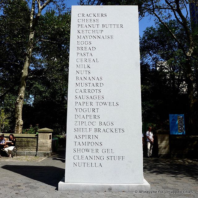David Shrigley, MEMORIAL (2016) Central Park, New York
Commissioned by Public Art Fund
&lsquo;MEMORIAL&rsquo; by British artist David Shrigley replicates an average grocery list onto a 17-foot slab of granite. The monumental sculpture stands at the e