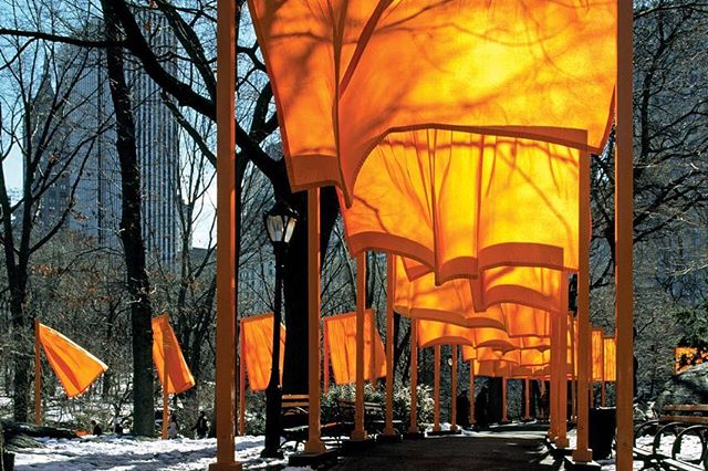 Christo and Jeanne-Claude, The Gates (1979 - 05)

Central Park, New York

The installation in Central Park was completed with the blooming of the 7,503 fabric panels on February 12, 2005. The 7,503 gates were 16 feet (4.87 meters) tall and varied in 