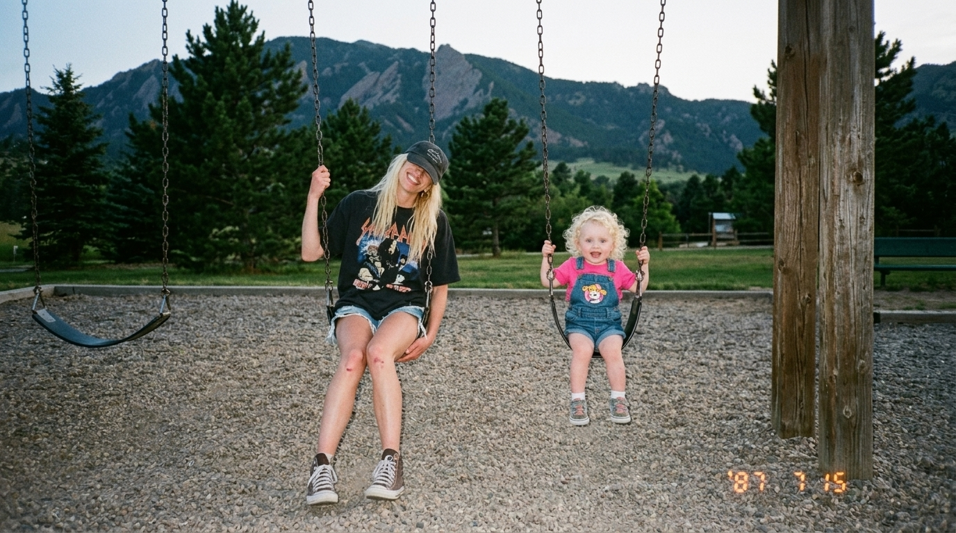 A teenage girl and a young girl swinging on swings at a park with mountains and trees in the background