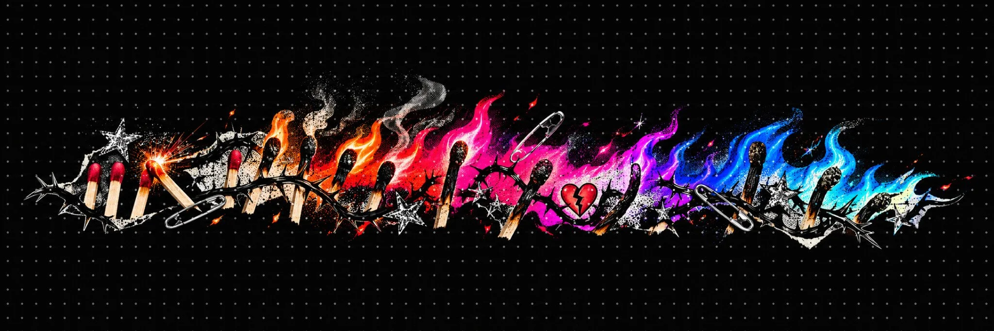 Rainbow tattoo flames, matches, stars and safety pins on black.