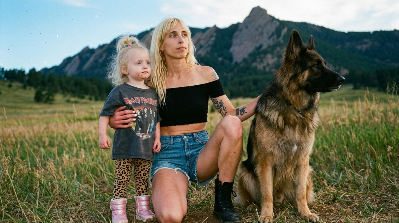 A woman, a young girl, and a German Shepherd dog sitting in a grassy field with mountains in the background.