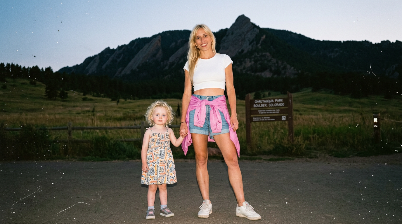 A woman and a young girl holding hands outdoors at Chautauqua Park in Boulder, Colorado, with mountains in the background at dusk.