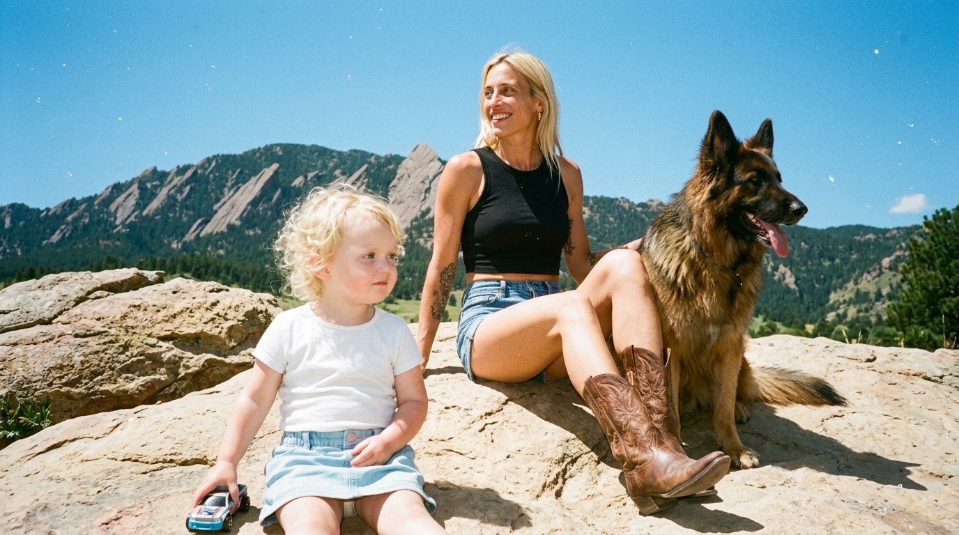 A woman, a young girl, and a German Shepherd dog sitting on rocks outdoors with mountains and clear blue sky in the background.