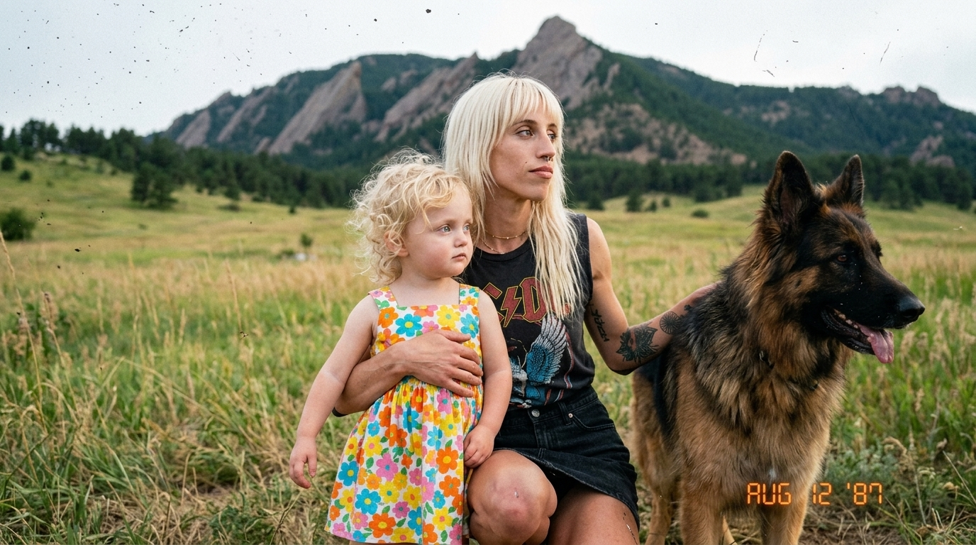 A woman with long blonde hair and tattoos sitting outside with a young girl with curly blonde hair wearing a colorful floral dress, a German Shepherd dog standing next to them, in a grassy field with mountains in the background, and a date stamp reading August 12, 1987.