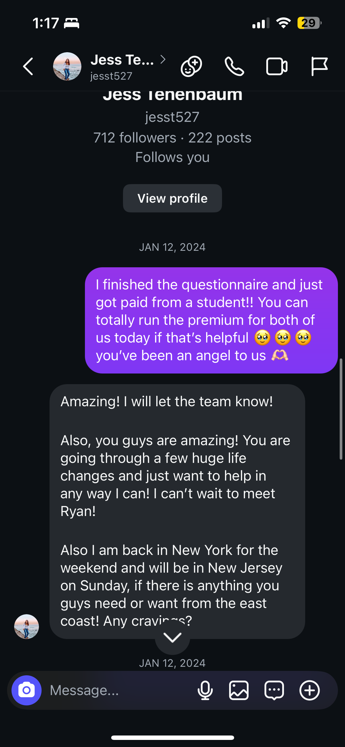 Screenshot of a messaging app conversation with Jess Tenenbaum, discussing payment from a student and plans to meet in New Jersey.