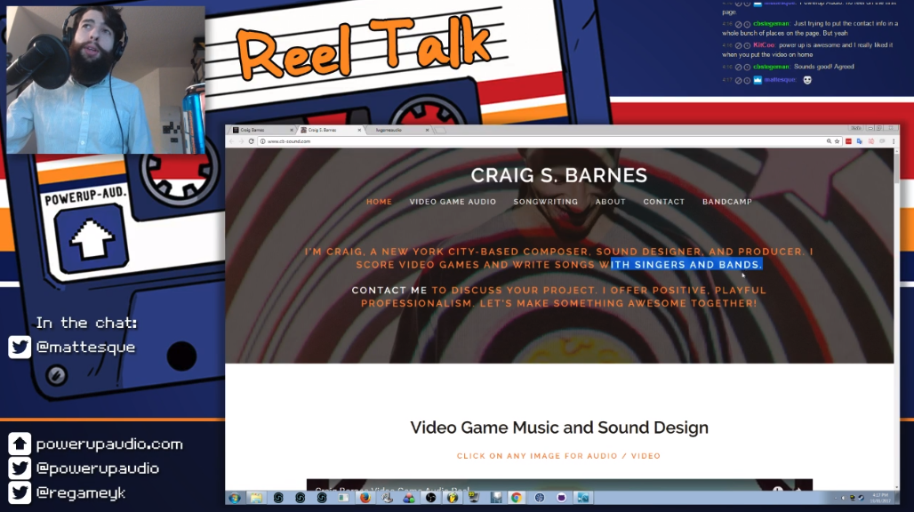 Kevin from Powerup Audio giving me feedback on my website circa early 2017, back when my game audio work and band production work still coexisted on one page. You can still watch my episode of Reel Talk if you want!