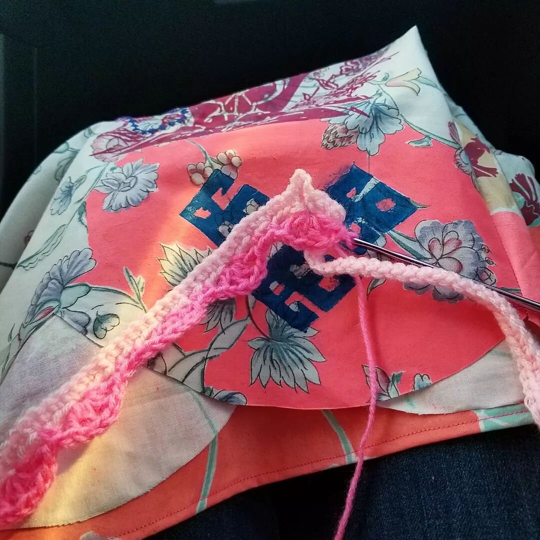 Crocheting in the car. Last stretch before my @comfort_station solo show opens next Saturday!
.
The blue #blockprinting kilim rug symbol is akimbo, refers to women
.
&middot;
#art #artist #contemporaryart #embroidery #crochet #painting #chicagoartist