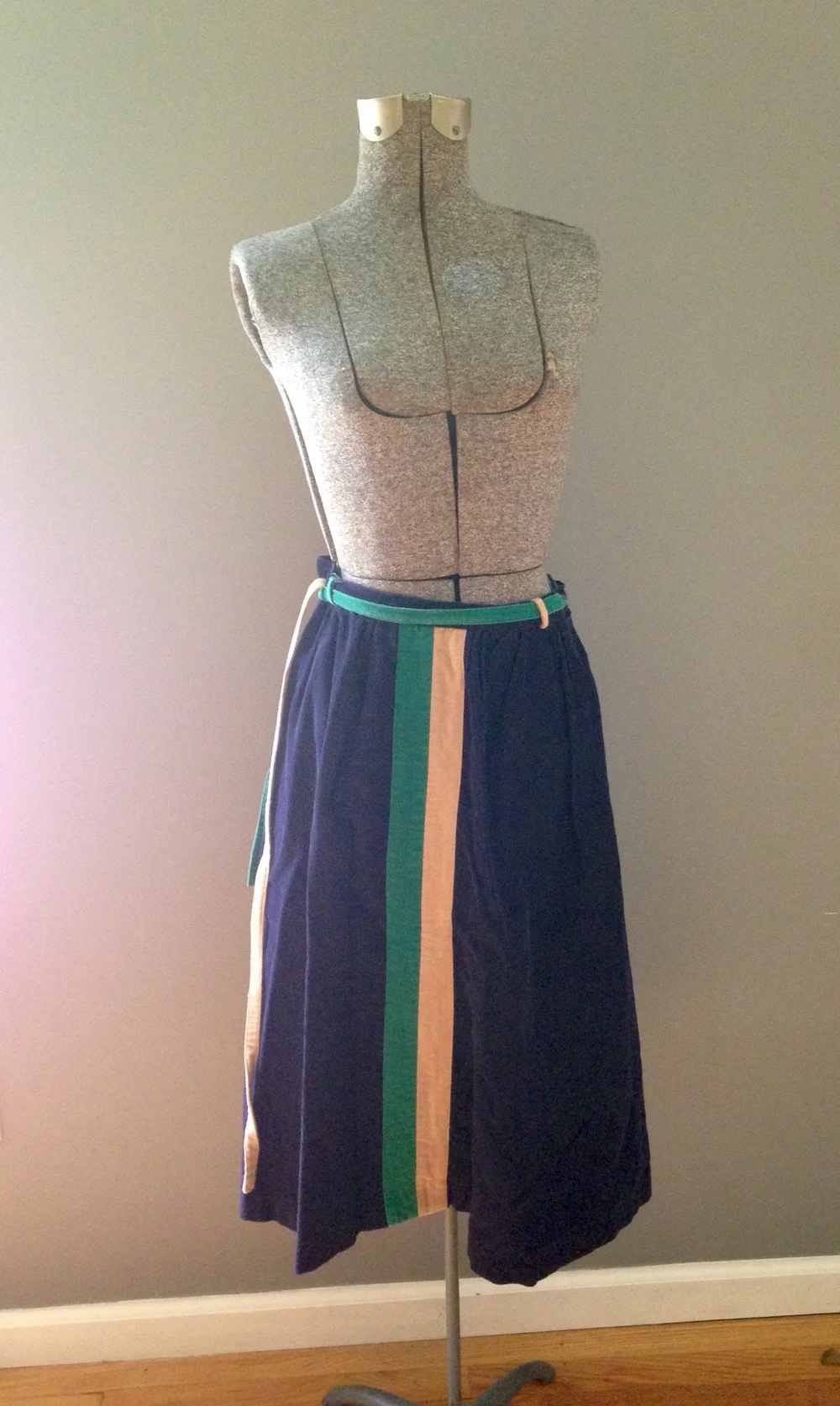 vintage navy corduroy wrap skirt w/ tan and green stripes $98 - Main Image