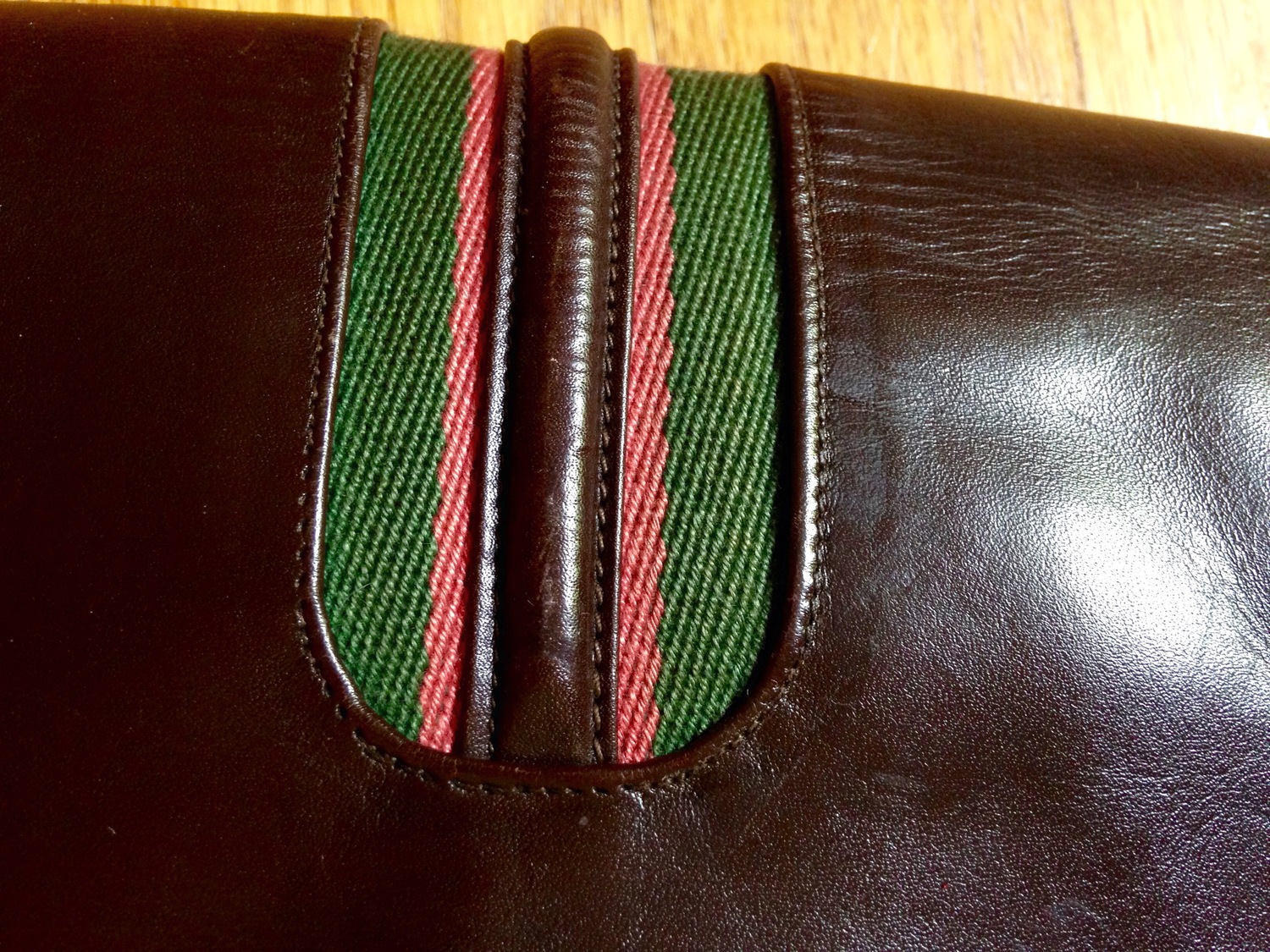 Vintage Gucci Brown Suede Clutch Purse With Red and Green 