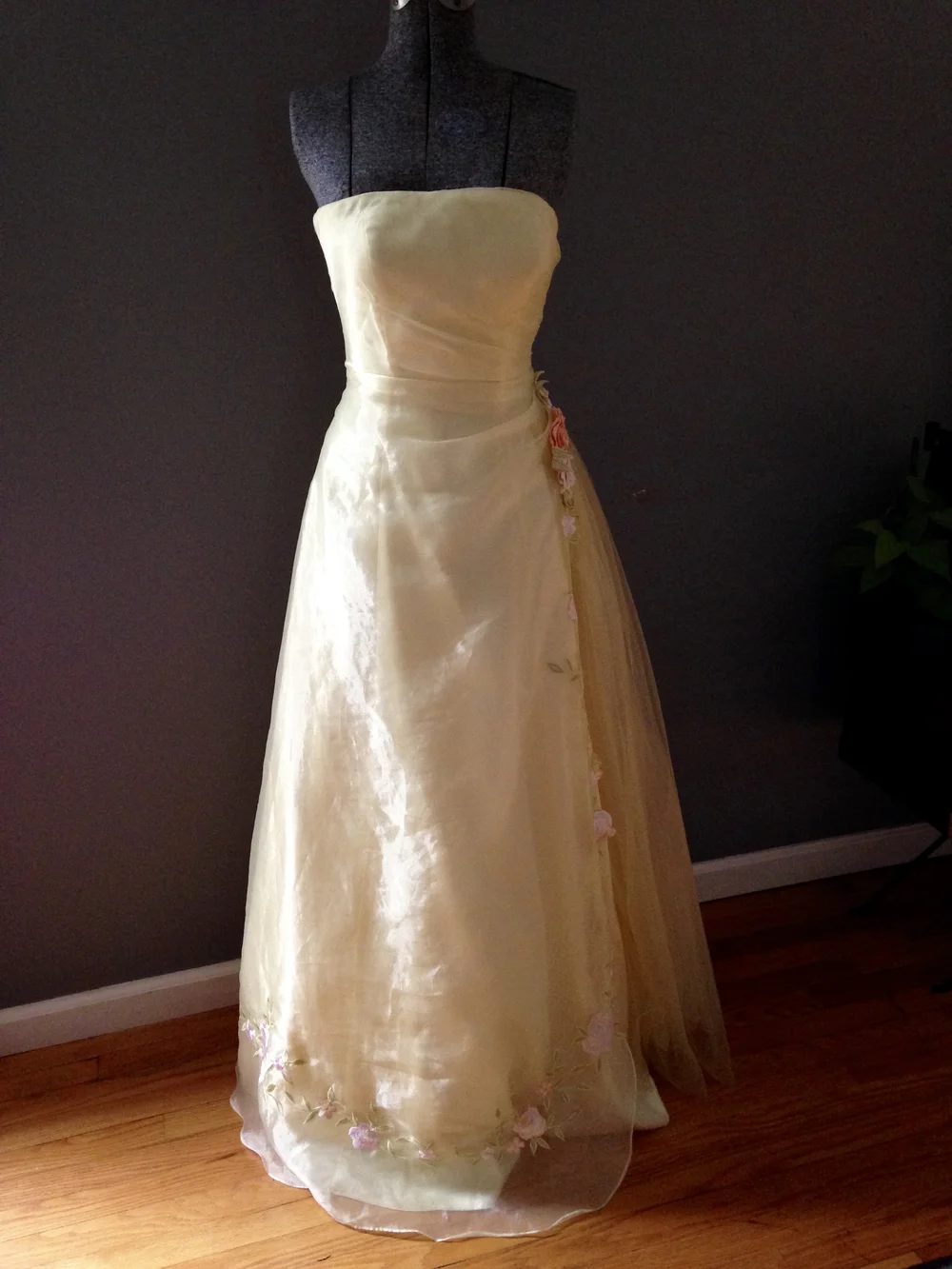 vintage pale yellow dreamy prom dress with floral accents and back