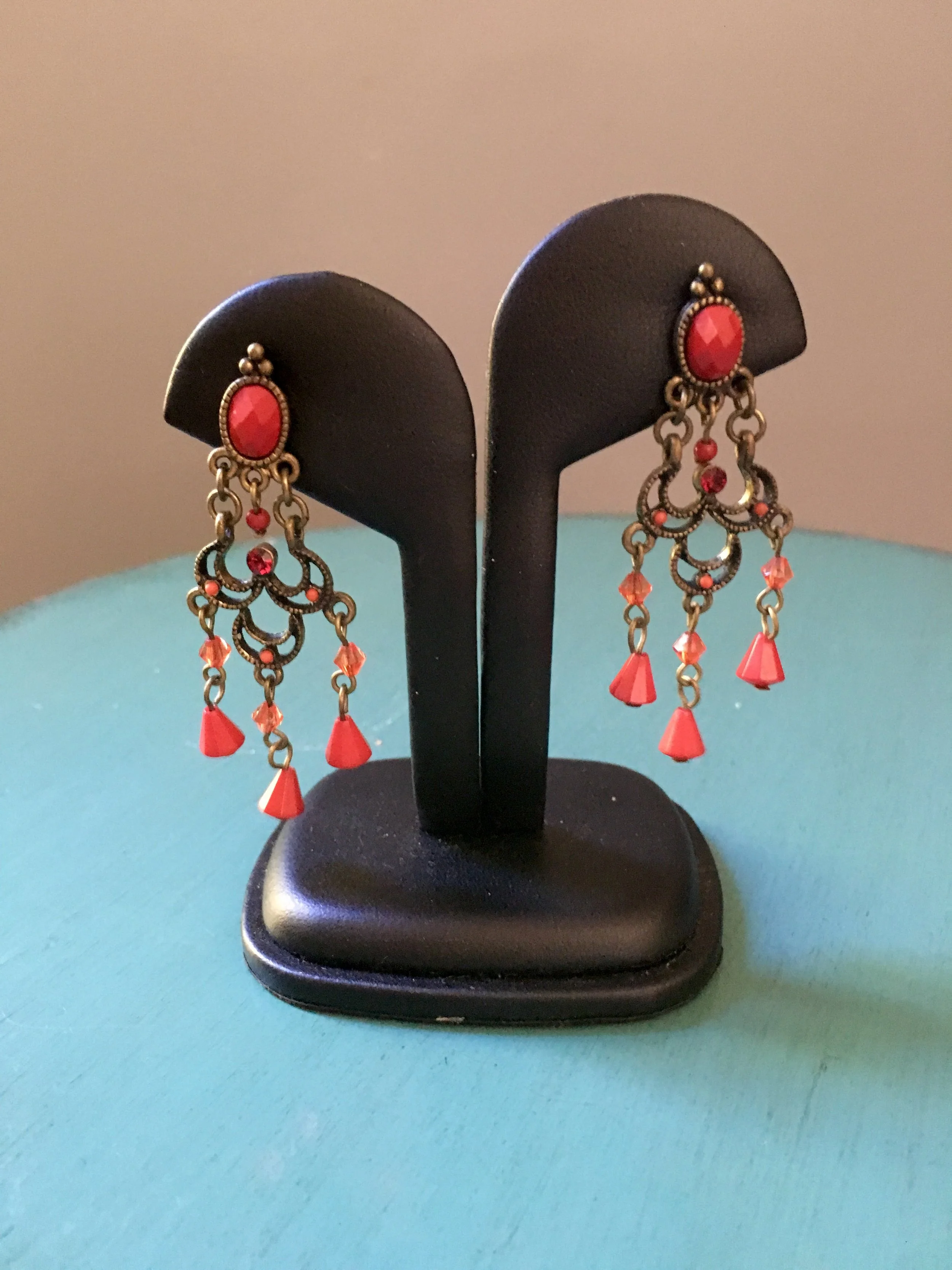 retro red-orange ornate dangling earrings $18