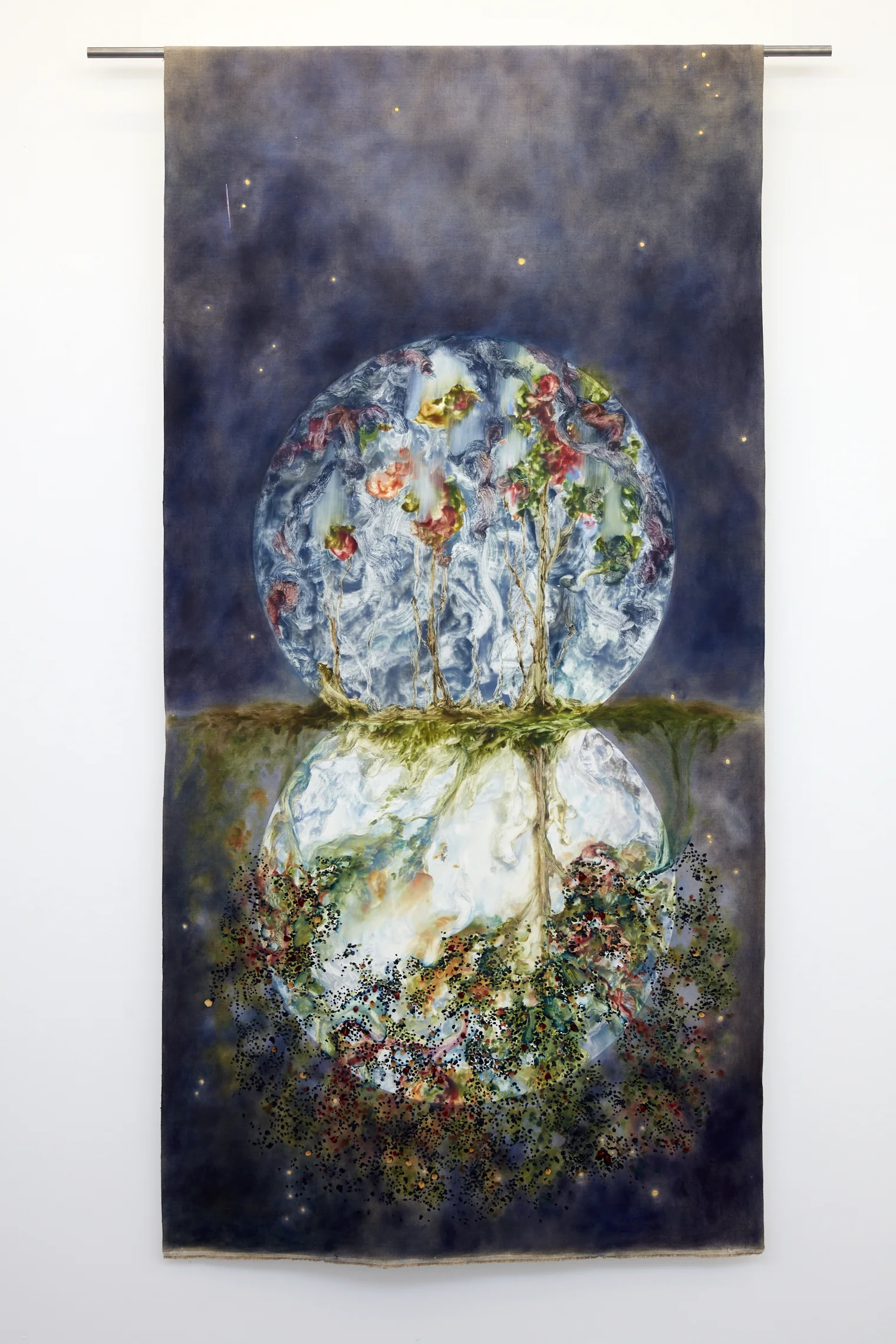 Te Ao Mārama oil and interference paint on linen with dried flowers and gold leaf 1000mm x 2100mm