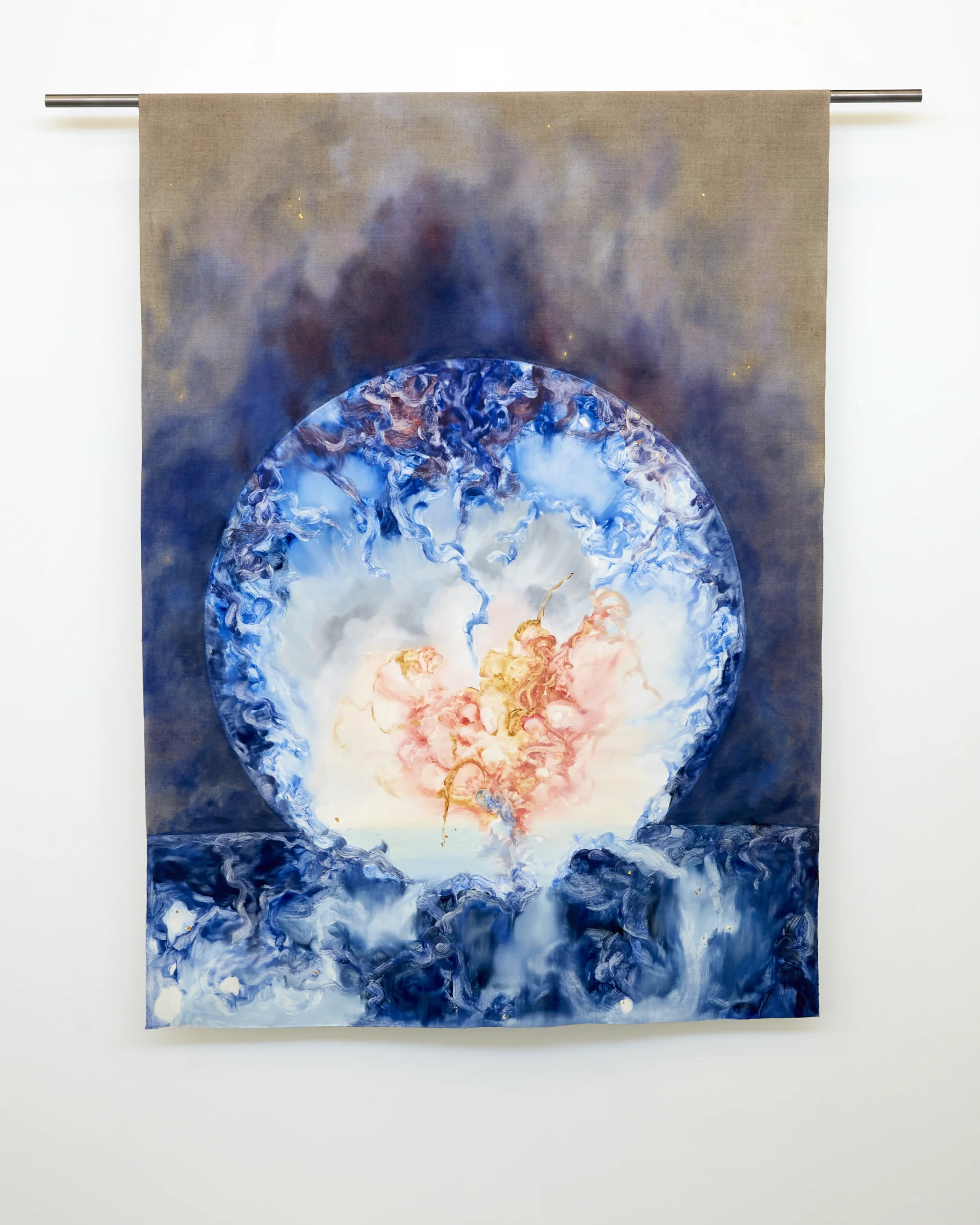 Sapphire oil, interference paint and gold leaf on linen 1000mm x 1370mm