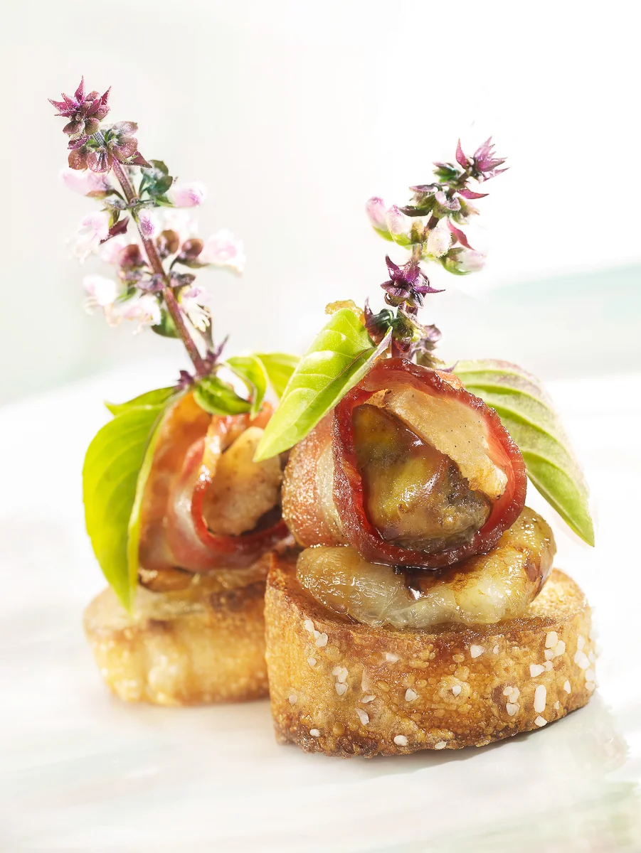 Rumaki on Toast with Roasted Cipollini and Thai Basil