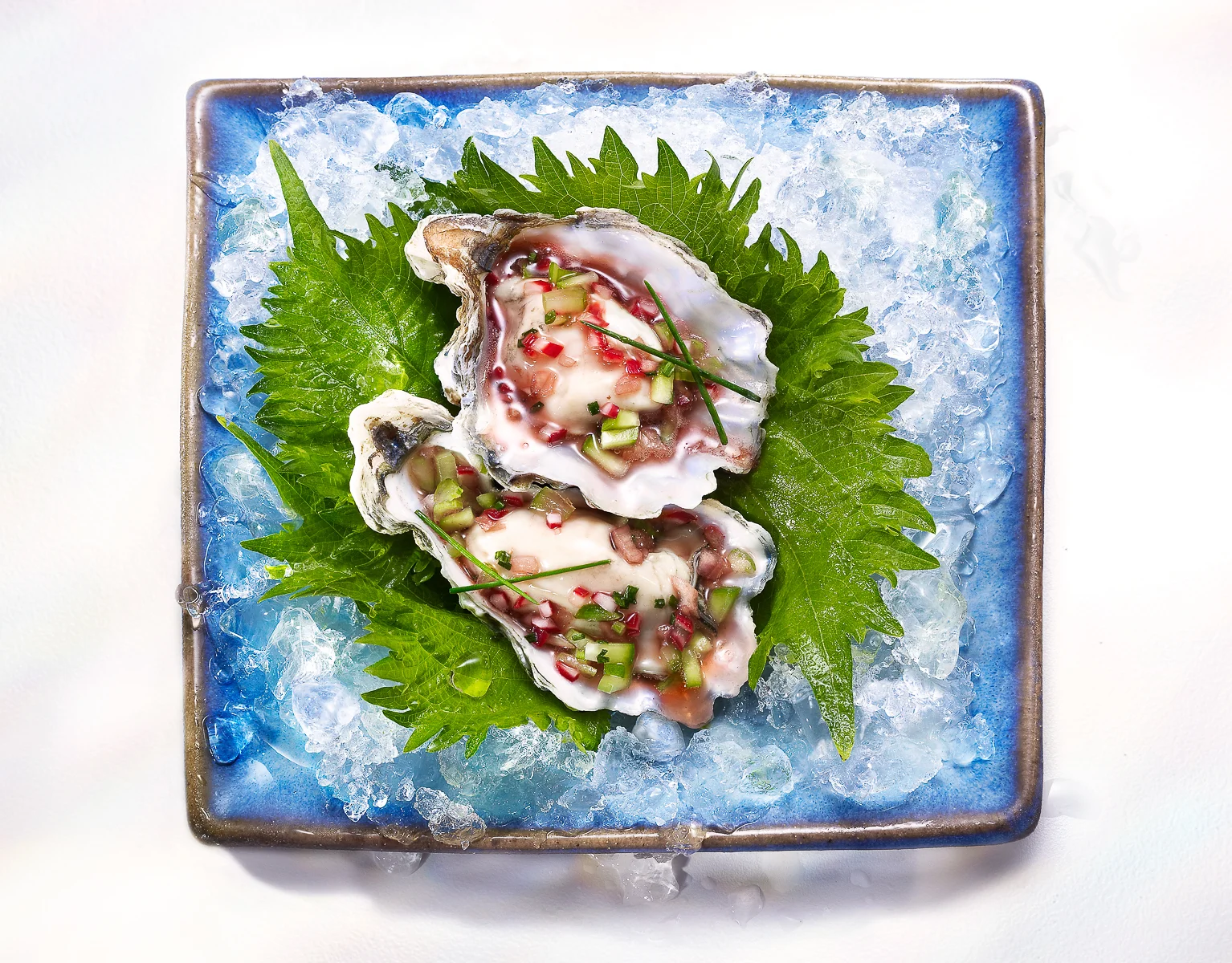 Kumamoto Oysters with Mignonette Sauce on Shiso Leaf