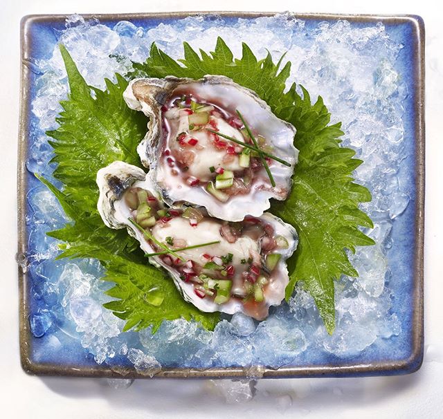 Oysters &amp; Champagne: Kumamoto Oysters with Jeweled Vegetable Mignonette Sauce on Shiso Leaves.  For Valentine&rsquo;s Day this year, let&rsquo;s start off with savory, salty, plump and juicy Kumamoto oysters and refreshingly bubbly champagne, bef