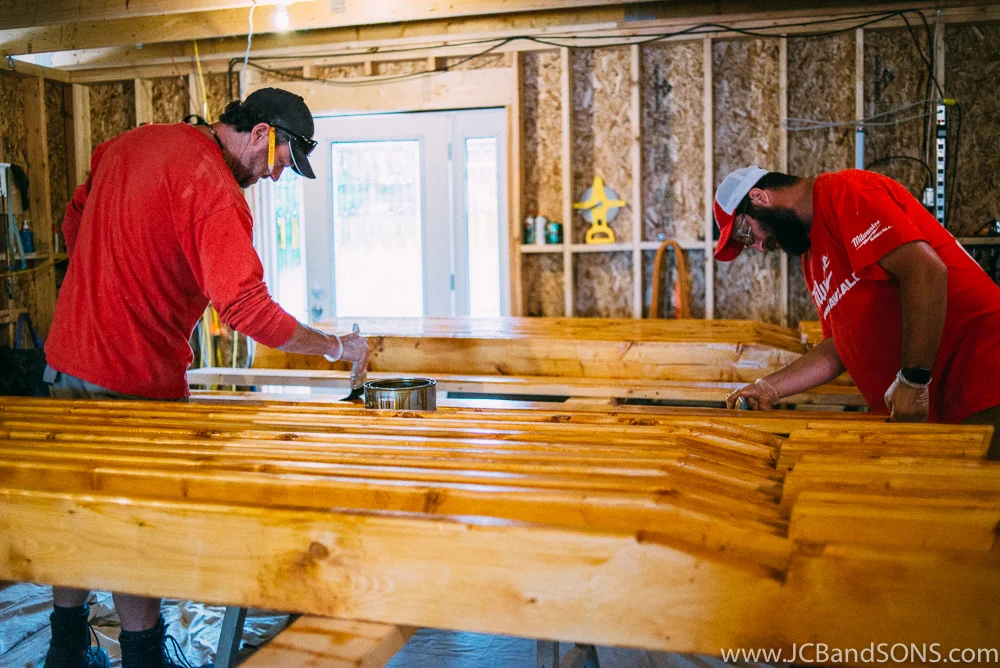 All of the roof framing stayed exposed so the rafters and strapping were all rounded over and a coat of Sikkens Stain was used to weather proof it prior to installing.