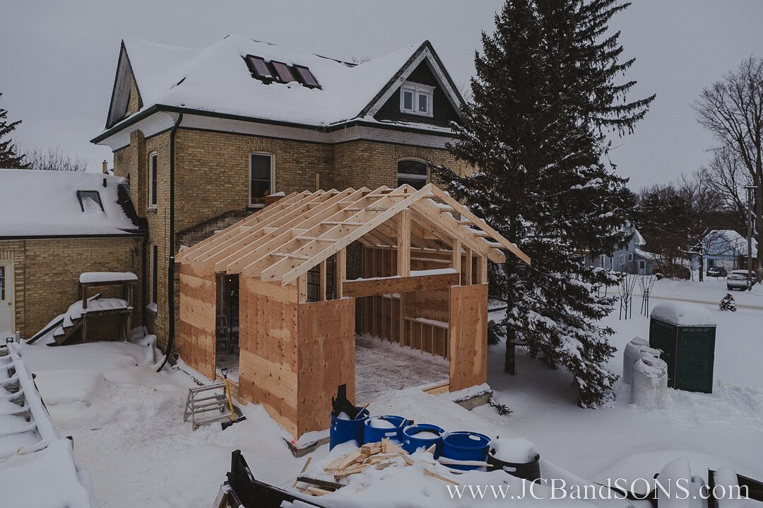 Rafters are cut and installed, almost ready for some sheathing. 
.
.
.
 #jcbandsons #keepcraftalive #moderncraftsman #craftsmanculture #buildwithpassion #carpentry #carpenter #carpentersofinstagram #carpenterlife  #construction #building #renovationp