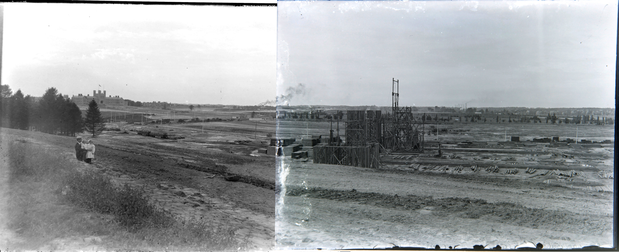 In this composite, c. 1902, you can see Washington University at the left. This young family looks over the bare land which is now Forest Park to observe the coming construction of the 1904 World’s Fair.