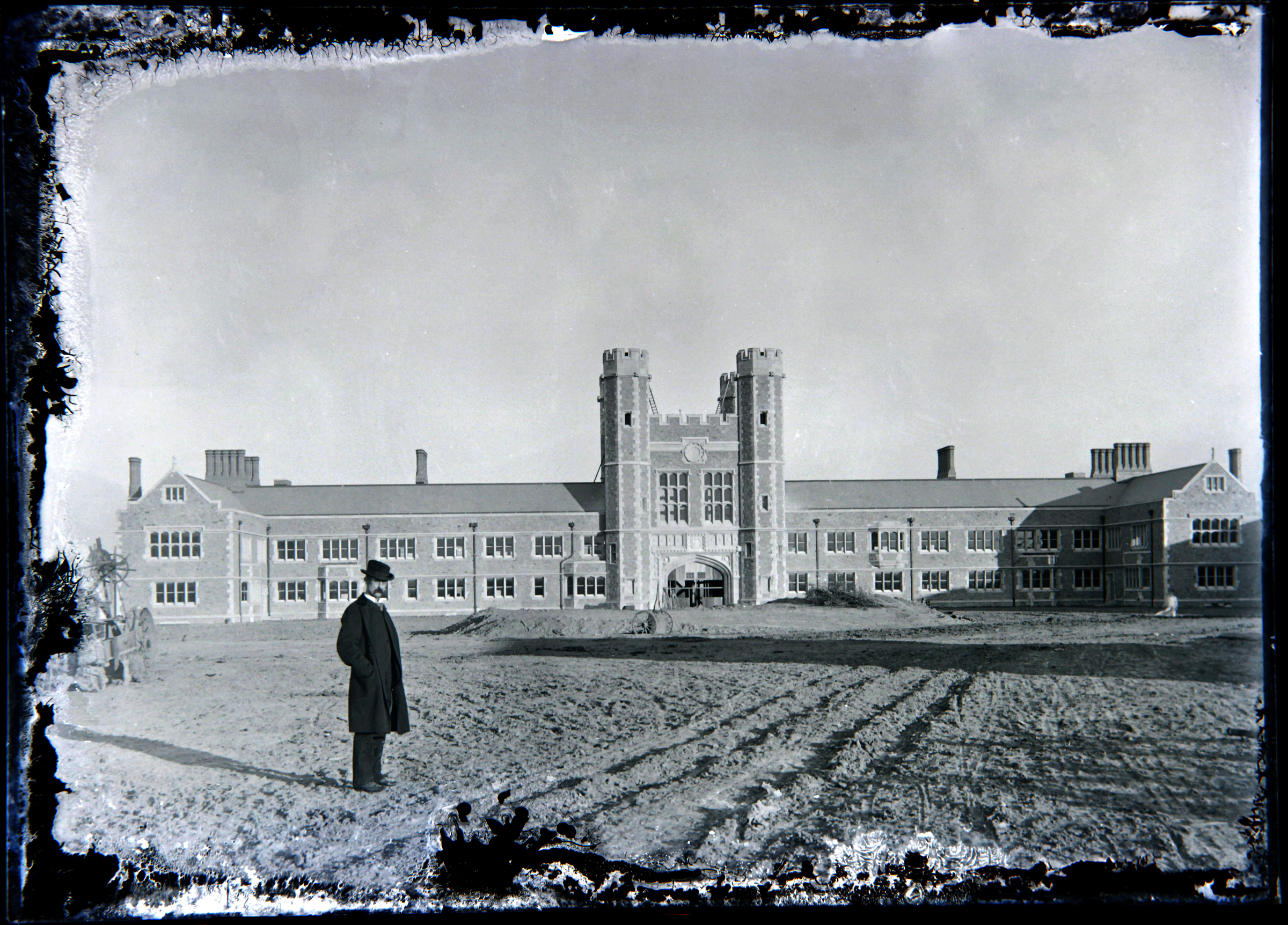 A rare view of Brookings Hall at Washington University in St. Louis, MO. c. 1902. The man is unidentified.
