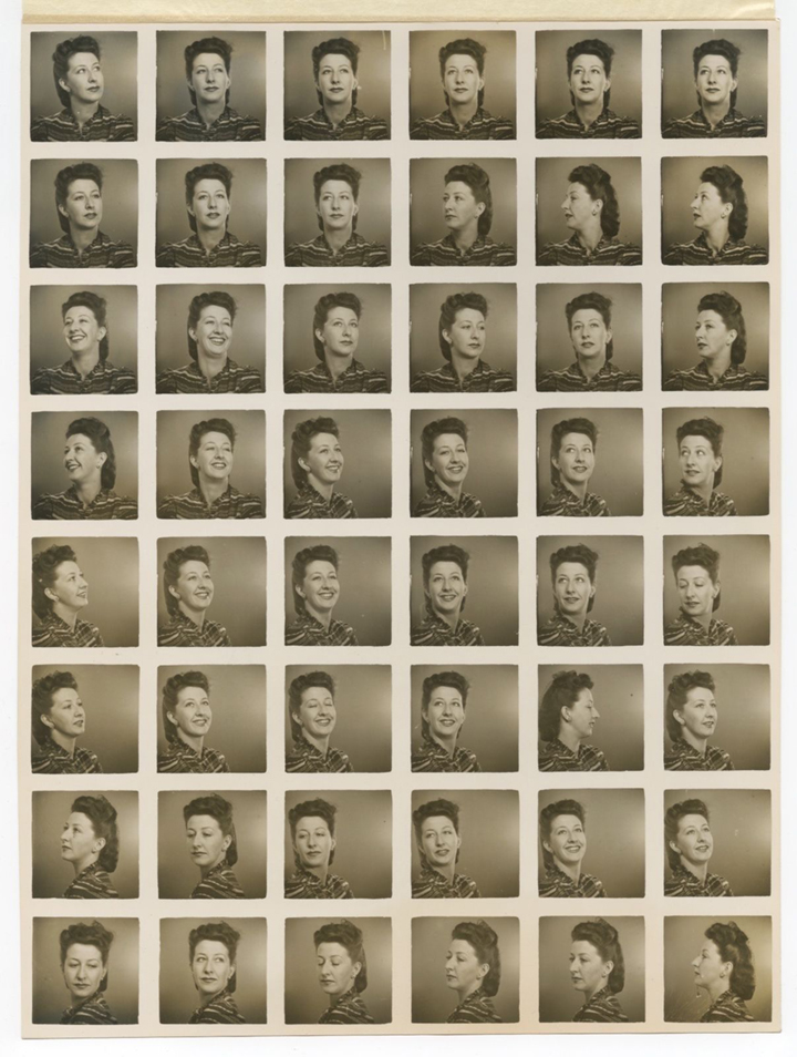 An extremely rare sheet of 48 small portrait studio images, c. 1945.