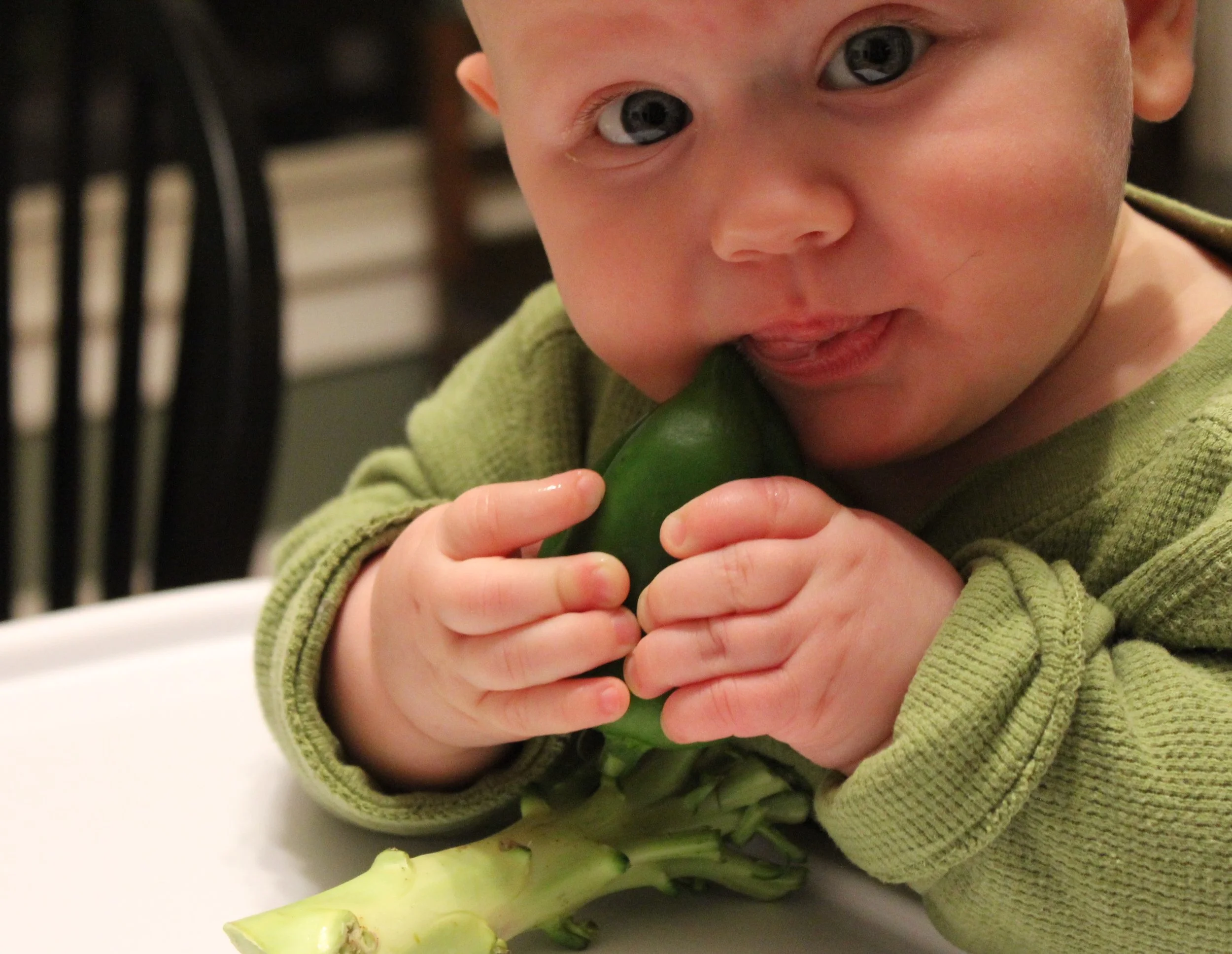 I like giving August BCF produce to teeth on. Not only does he enjoy a new teether, but I am hopeful this makes real food introduction easy as pie (sweet potato pie with no added sugar, of course).