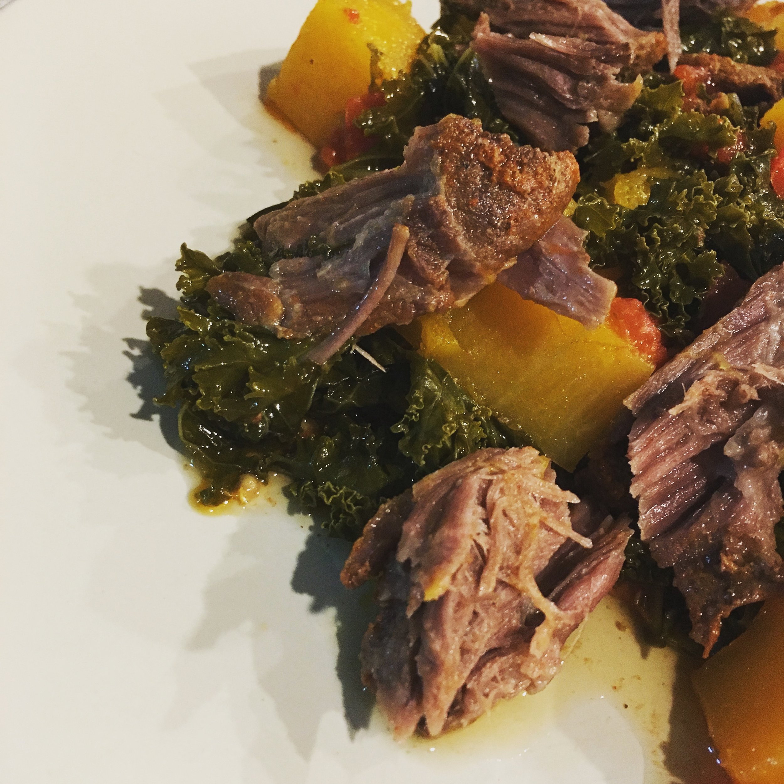 roasted pork shoulder w/ kale, butternut, and tomatoes