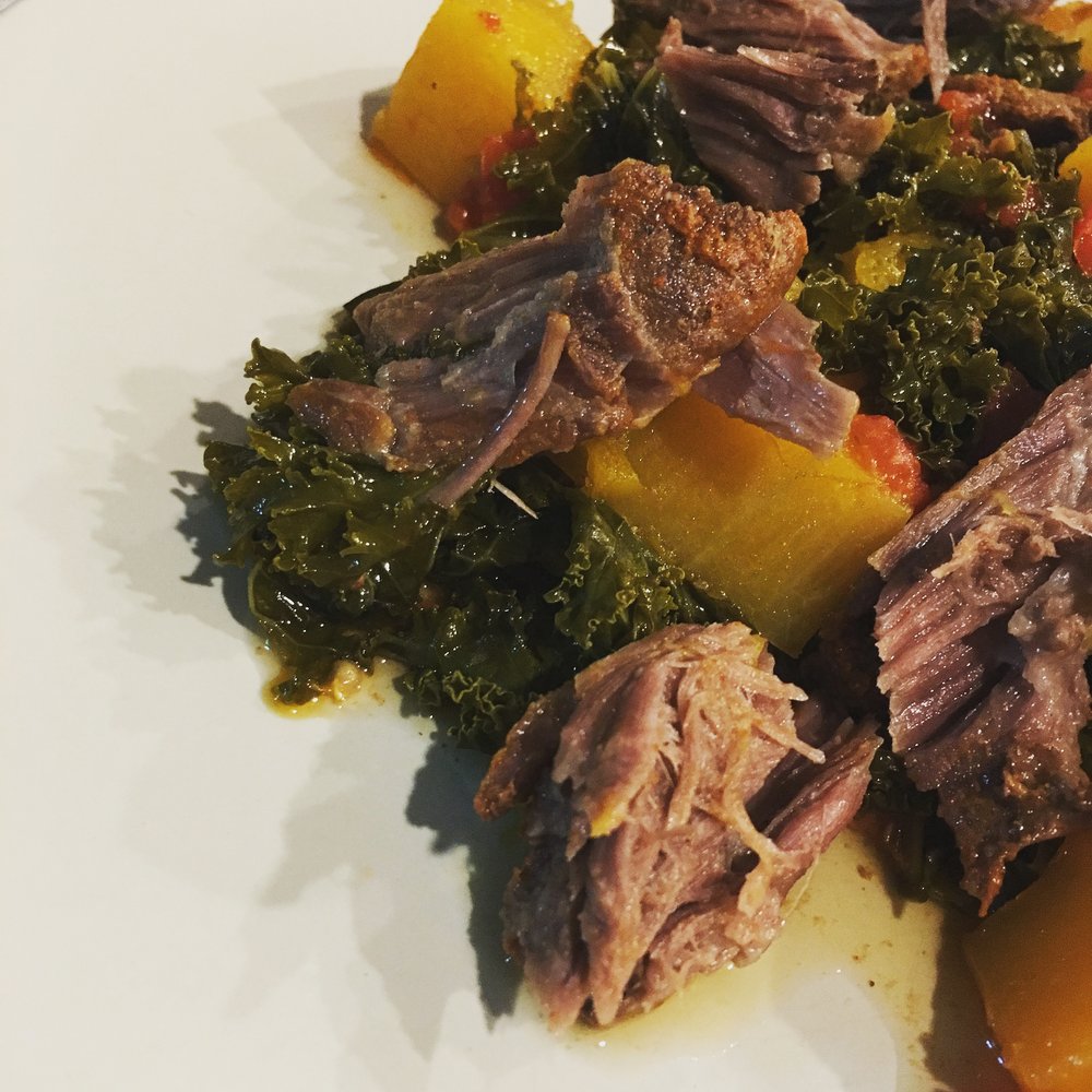 roasted pork shoulder w/ kale, butternut, and tomatoes