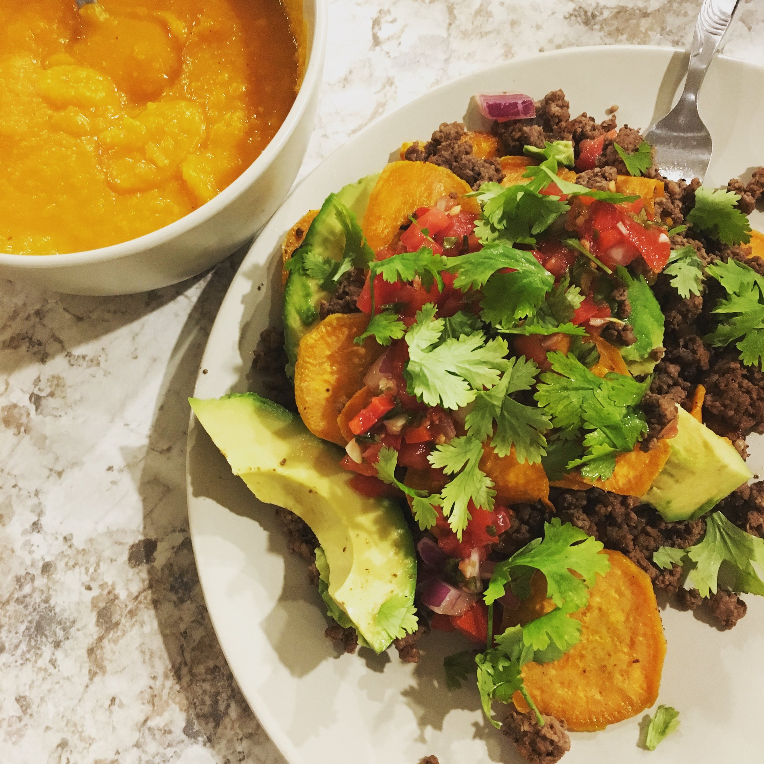 sweet potato nachos w/ beef, toppings, and butternut squash soup on the side