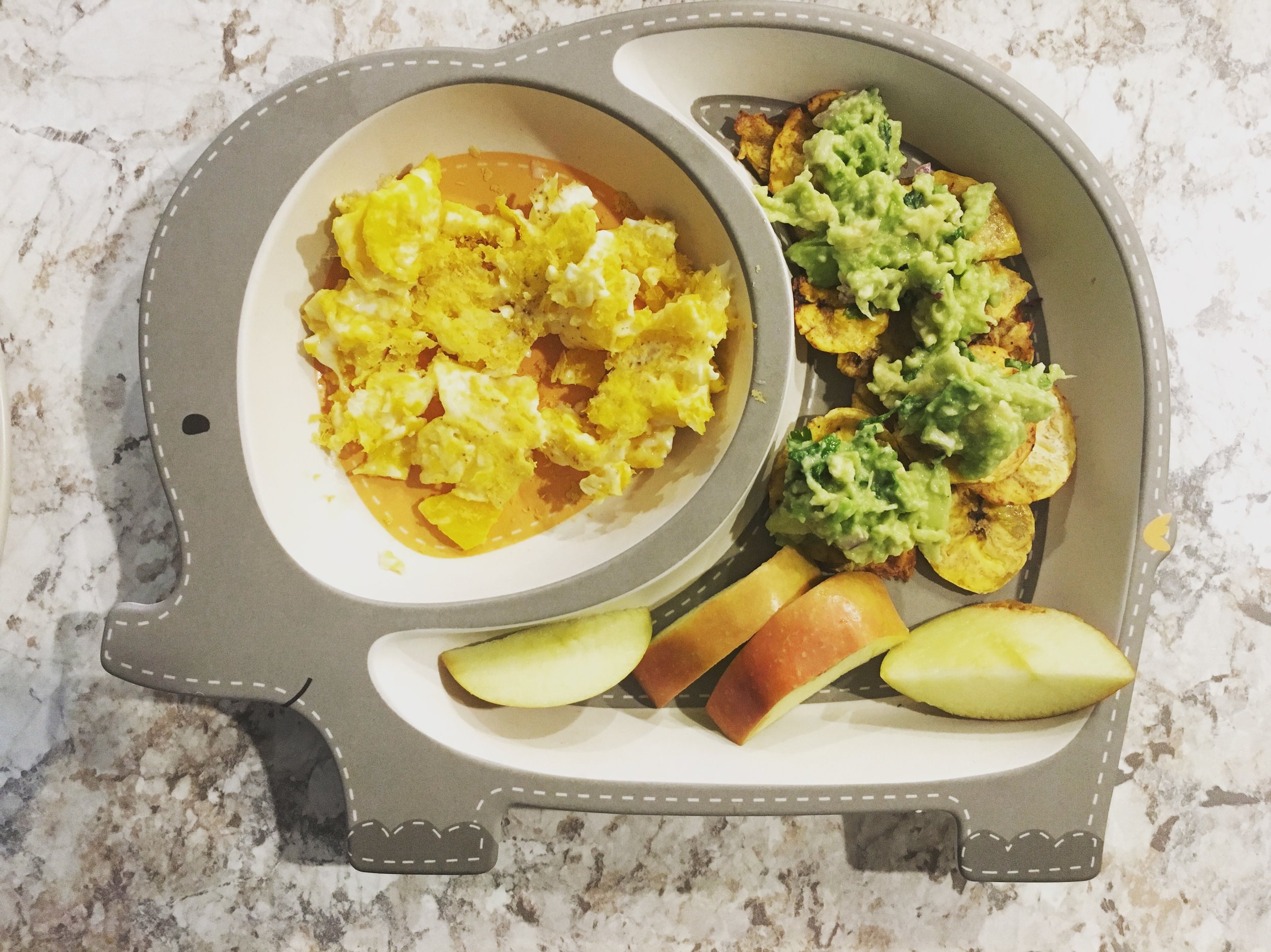 Eggs, plantain chips w/ guac, apple slices