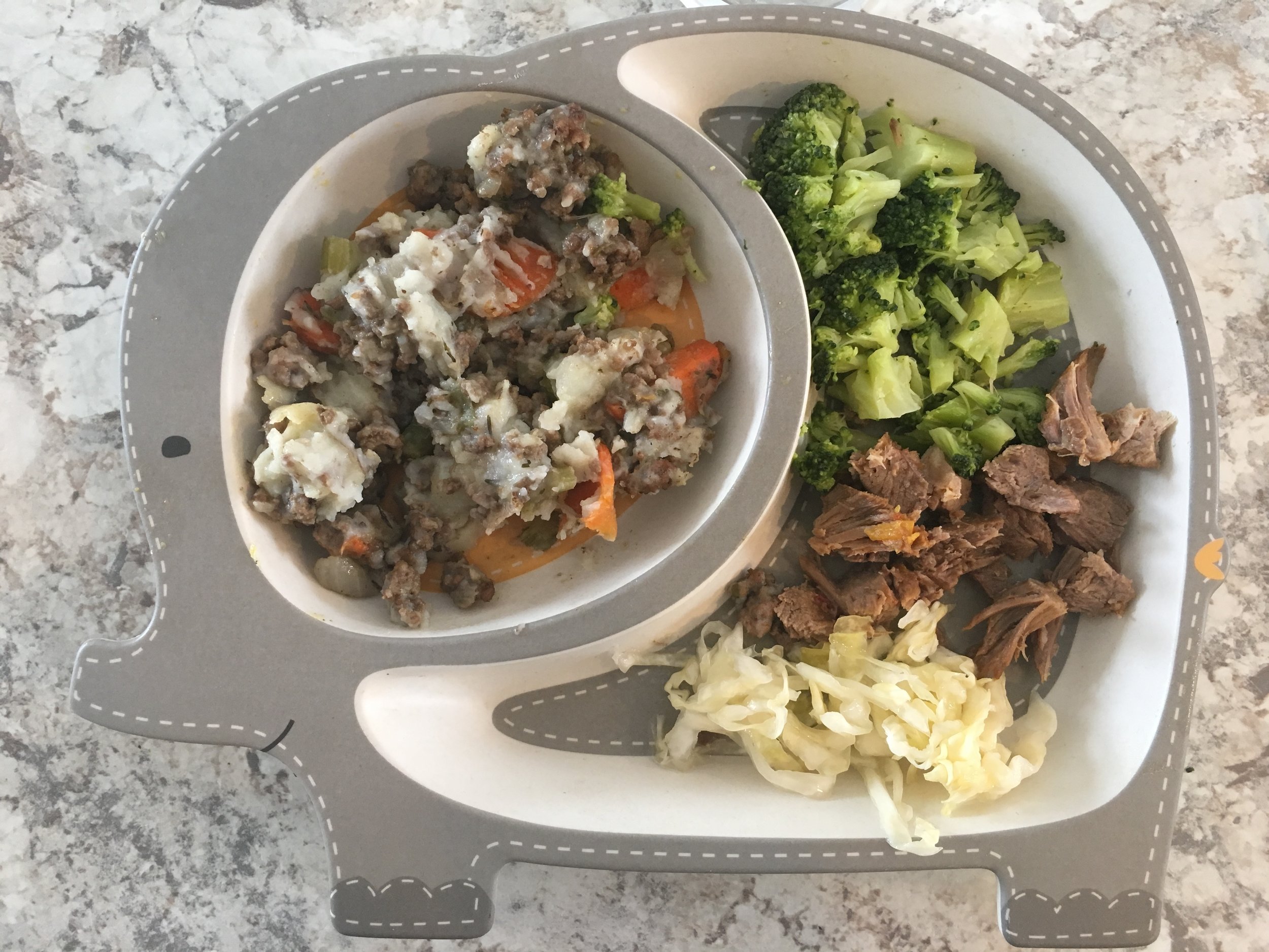 Shepherd's pie, broccoli, sauerkraut, and a little roast