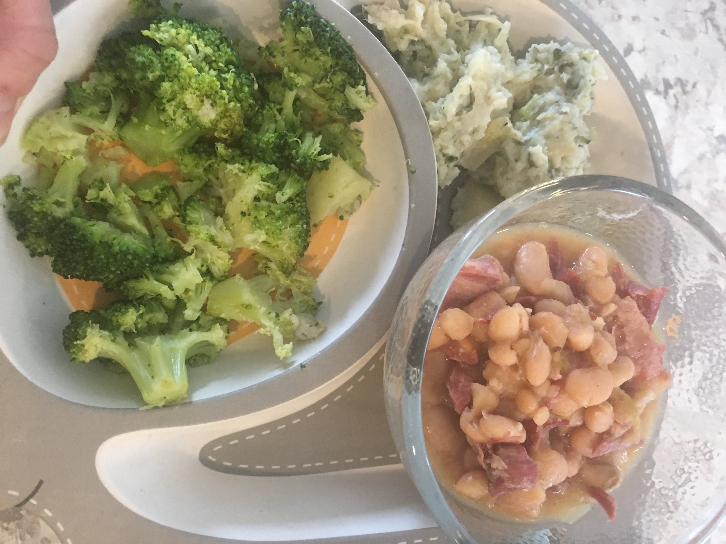 Ham & beans, broccoli, mashed artichoke & spinach potatoes